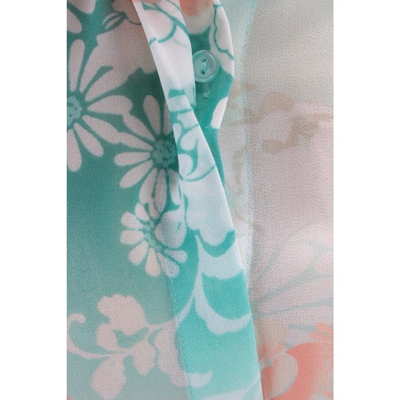 Chicos Blouse Womens Top size 3 XL 16 Tab Sleeve Green Peach Floral Split Back - Picture 6 of 10